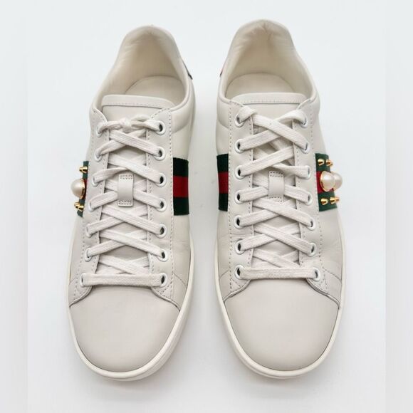 Gucci Ace Trainers Pearl Studded Web White Leather Low Top Sneakers EU 38 US 8 - Picture 10 of 13
